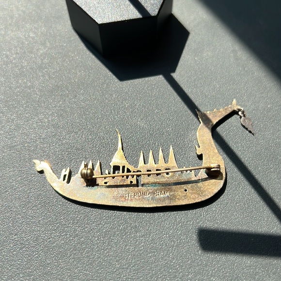 Antique Enamel over Silver Dragon Boat Pin - Picture 6 of 8